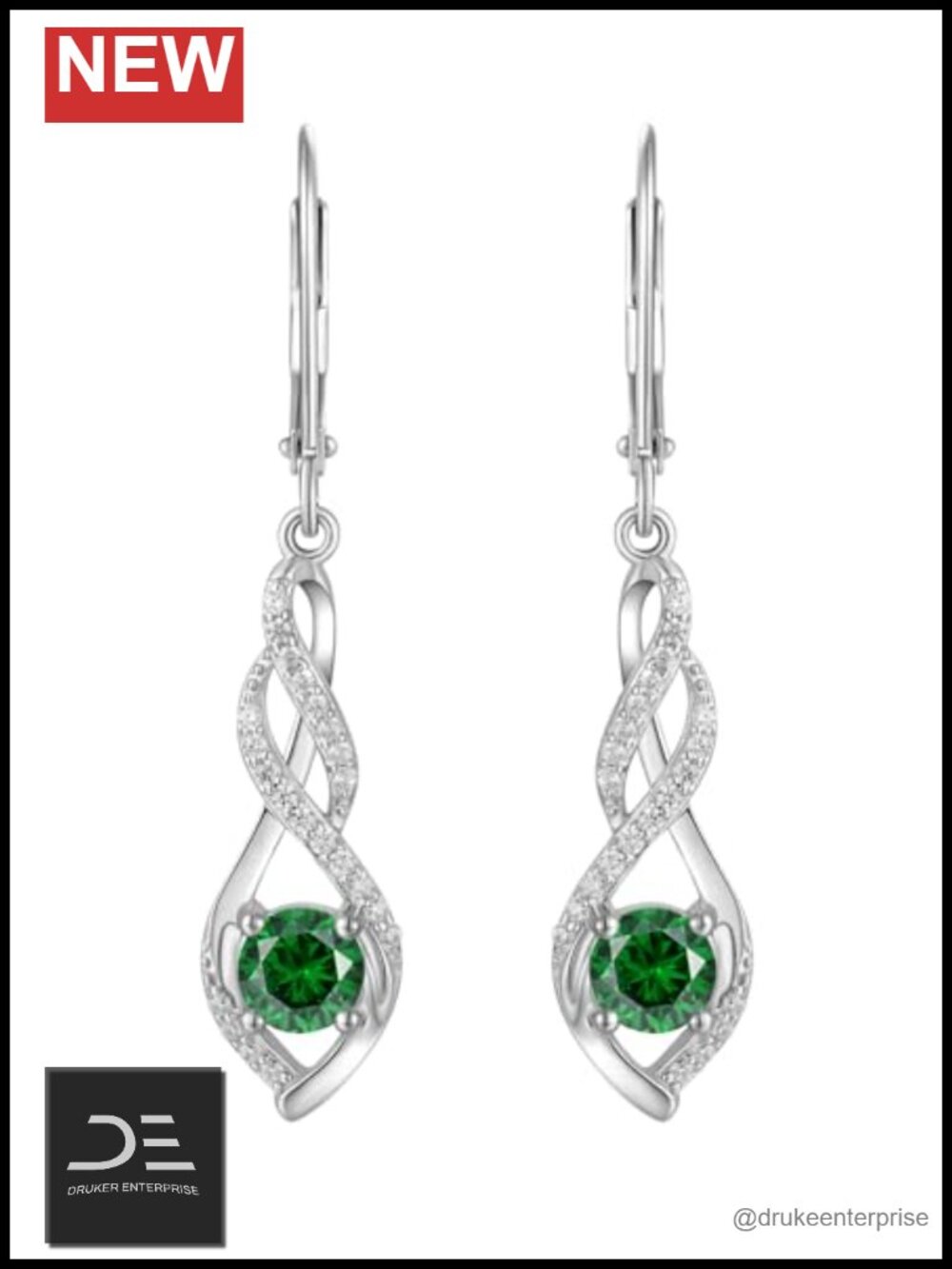 Sterling Silver Leverback Dangle Earrings with Created Emerald & CZ
